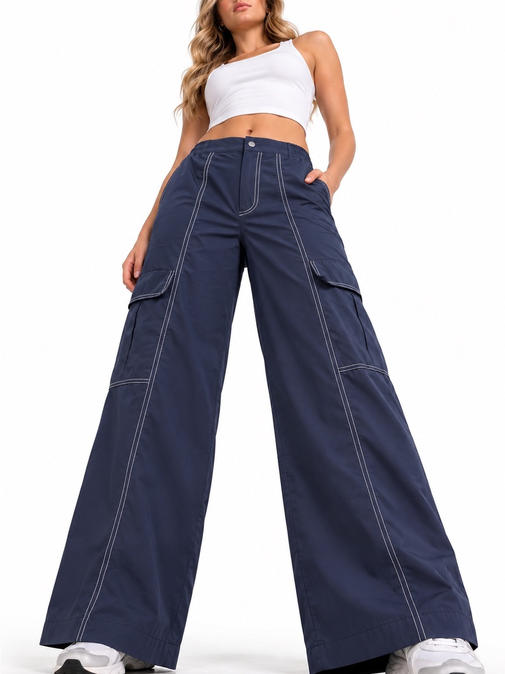 Athleta Navy Wide-Leg Cargo Pants with Contrast Stitching